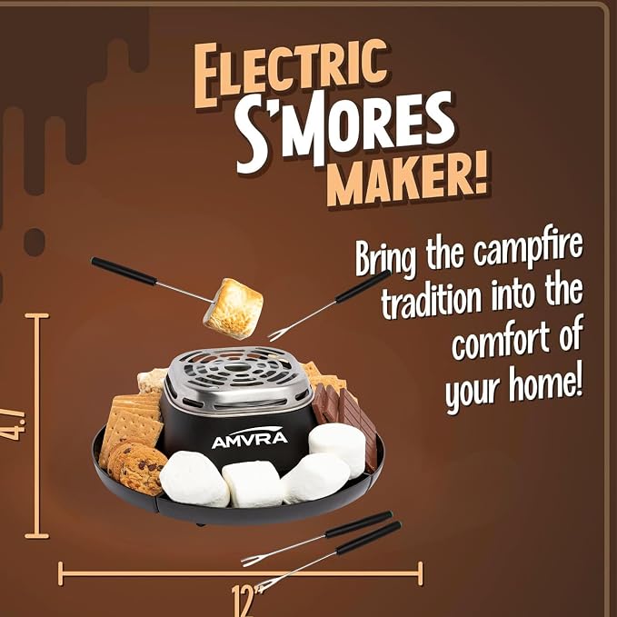 AMVRA Indoor Electric S'Mores Maker Smores Kit with 4 Stainless Steel Marshmallow Roasting Sticks and 4 Trays for Graham Crackers, Chocolate, and Marshmallows - Movie Night Supplies - Black