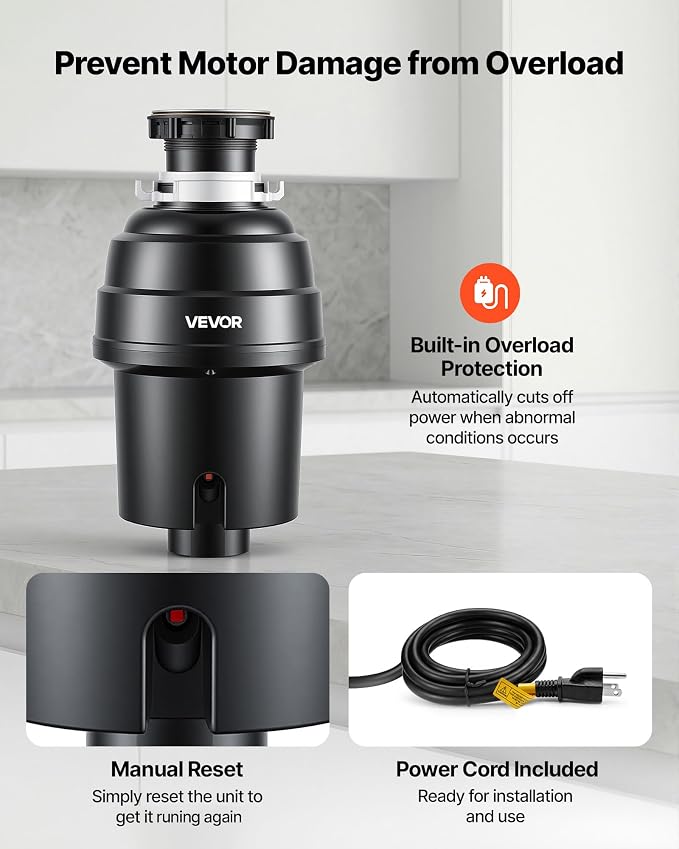VEVOR Food Waste Garbage Disposal, 1HP 3500RPM DC Motor, Continuous Feed Kitchen Sink Garbage Disposer, EZ Connect Food Waste Grinding System with Sound Reduction & Power Cord for Kitchens