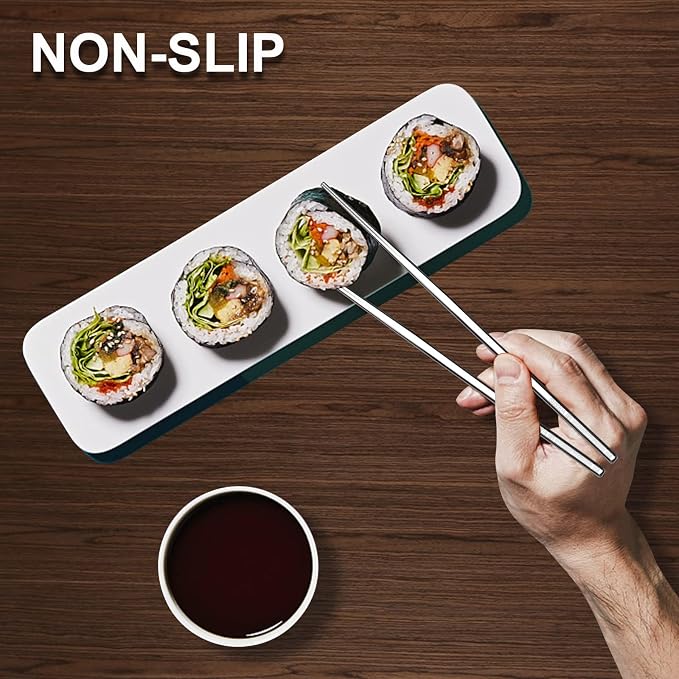 Premium Stainless Steel Metal Chopsticks, Reusable Silver Chopsticks Dishwasher Safe, Square Lightweight Non-Slip Chop Sticks Easy to Use for Home Kitchen Hotel Restaurant (Stainless steel, 8.7)