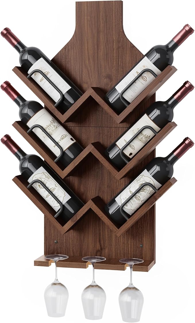 Hoctieon Wine Rack Wall Mounted, 6 Bottles Wood Wine Rack for Display and Storage, Hanging Bottle Holder Bar Shelves for Living Room, Kitchen, Dining Room, Wine Cellar, Walnut