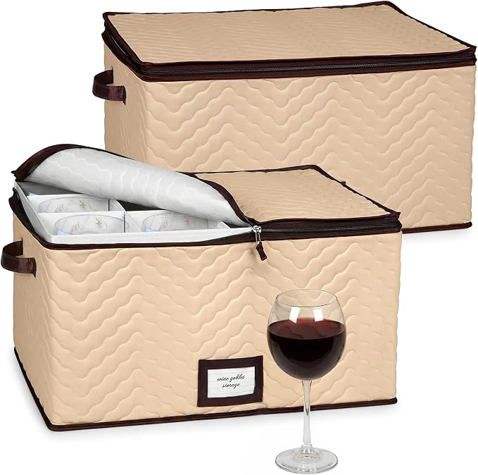 Wine Glass Storage Box with Dividers, Holds 12 Glasses up to 4.25" Wide | 2 Pack, Stemware Storage Case, Protects Fine China, Durable Quilted Microfiber, Carry Handles, Ideal for Red Wine Glass