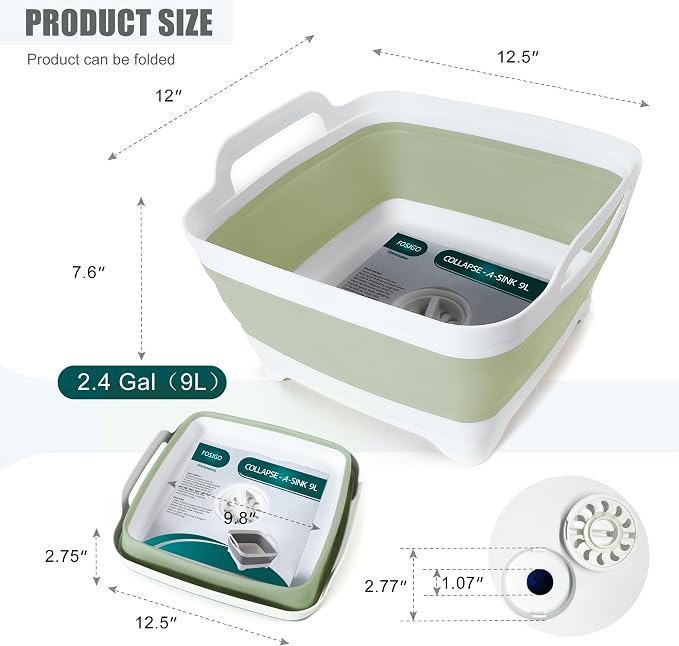 FOSJGO Collapsible Dish Basin with Drain Plug, Foldable Sink, 2.4 Gal (9L) | Space-Saving Wash Basin for Kitchen, Baby Bottles, Vegetable Washing, Camping, RV and Party Beverage Tubs