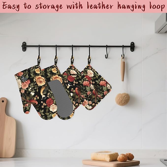 Vintage Rose Peony Floral Oven Mitts and Pot Holders (4PCS),Bird Heat Resistant Non-Slip Silicone Kitchen Gloves for Cooking, Baking, BBQ Waterproof Kitchen Accessories