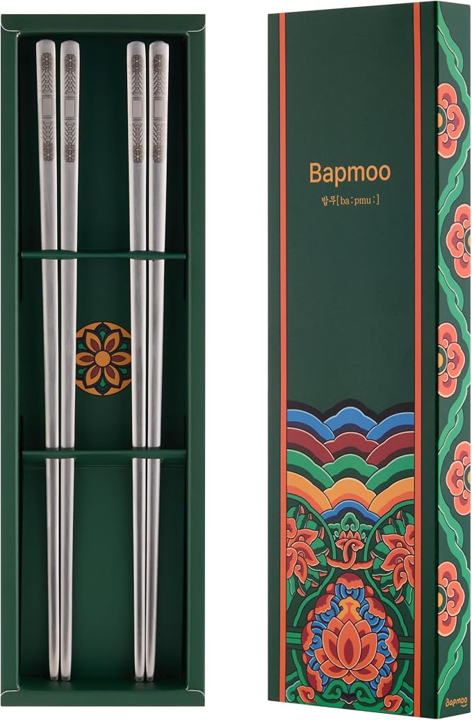 Korean Metal Chopsticks 2 Pairs, Matte Silver Stainless Steel Chopsticks with Dancheong Pattern Engraving, Reusable Dishwasher Safe Gift Set