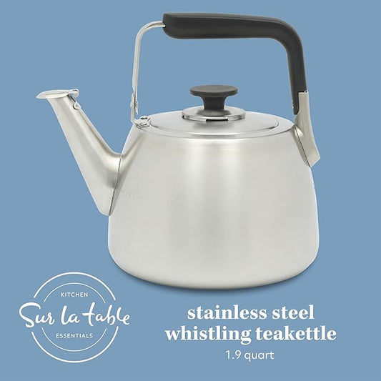 Sur La Table Kitchen Essentials 2 Qt Heavy Gauge Brushed Stainless Steel Whistling Tea Kettle – Durable Stovetop Kettle