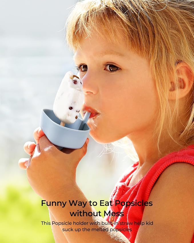 4Pack Drip-Free Silicone Popsicle Holders, AODISTUCE Popsicle Holder with Straw | with 2 Slots Fit Standard & Wide sized sticks Drip Free Popsicle Stick Holder Popsicle Drip Catcher