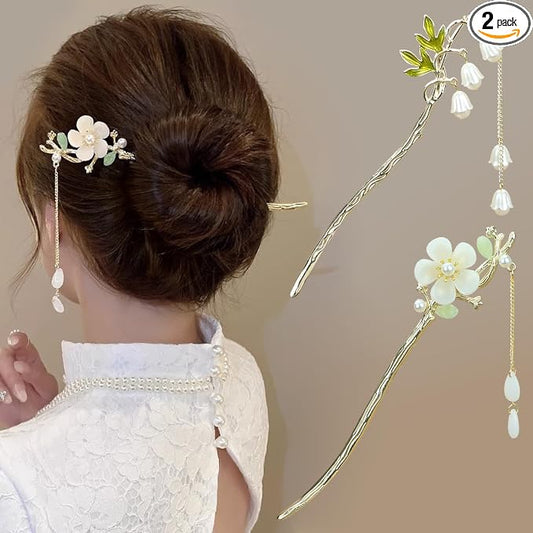 2Packs Lily of the Valley Chinese Hair Sticks for Buns, Pearl Flower Vintage Metal Hair Chopsticks for Women and Girls Dangle Tassel Pendant Hair Accessories Hanfu Handmade Decor Hairpin (white)
