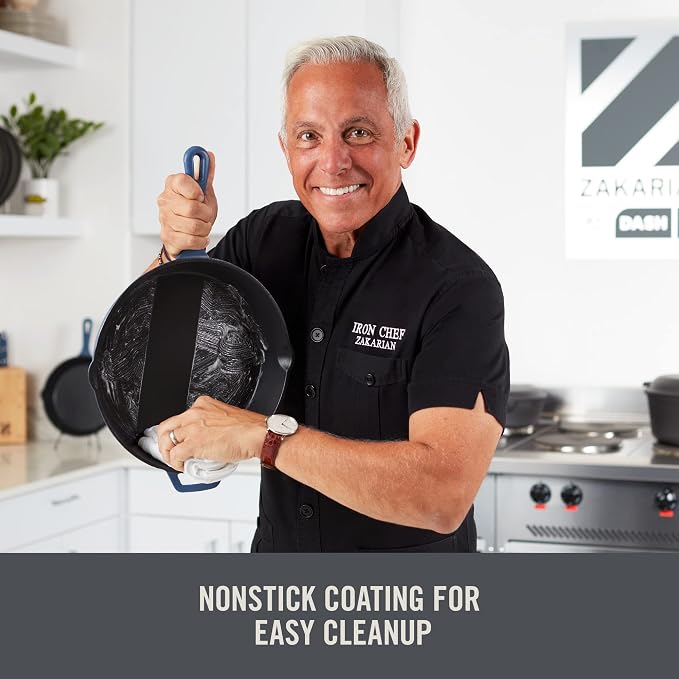 DASH Zakarian x Nonstick Cast Iron Skillet - Versatile Frying Pan Cookware - Oven-Safe Searing Skillet with Pour Spout and Quick-Clean Surface - Rust-Resistant - Black, 9.5-Inch