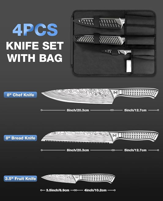 4PCS Kitchen Knife Set,High-Carbon Stainless Steel Chef Knife Set, Portable Knife Roll Bag, Portable Knives for Outdoor Camping and Travel