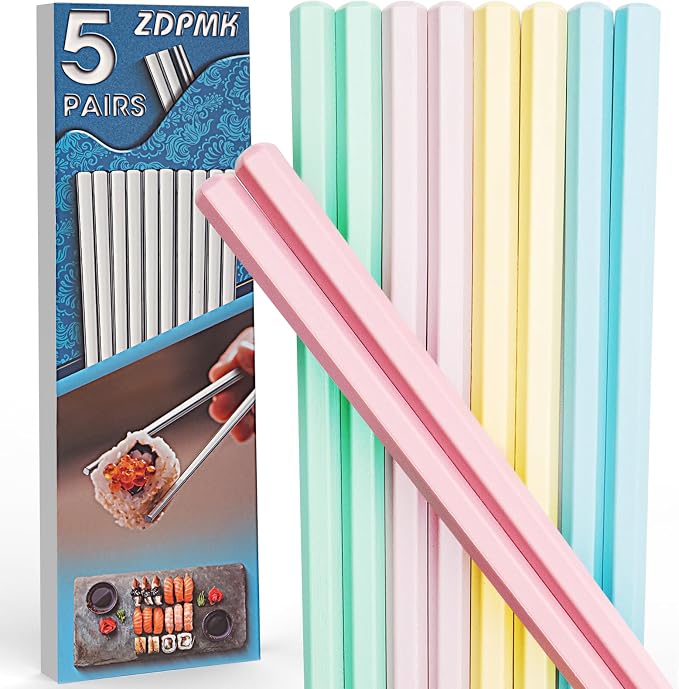 ZDPMK Fiberglass Chopsticks, 5 Pairs Reusable Chopsticks Dishwasher Safe, Japanese Chinese korean Chop sticks Set, Plastic Chop sticks Reusable for Beginners Adults, 9.5 inch Non-Slip Chop sticks