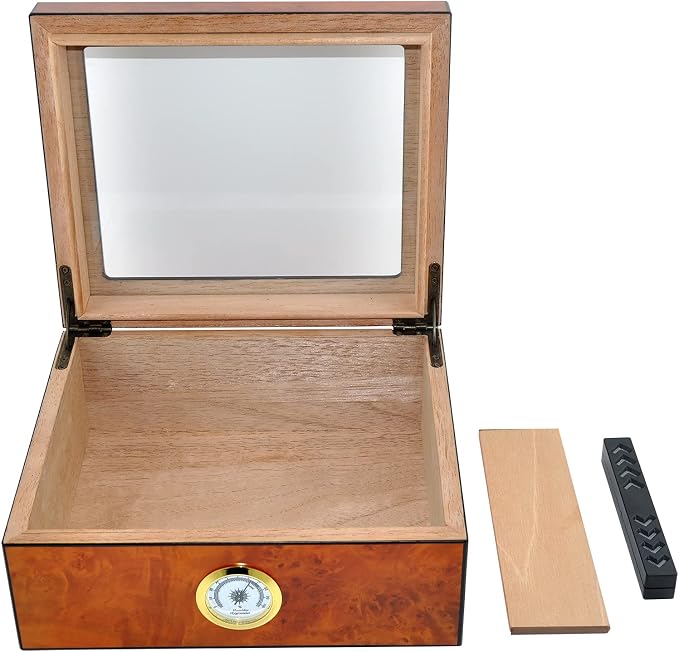 Cigar Humidor Case, Holds 25-50 Cigars, Tempered Glass Top Display, Handcrafted Spanish Cedar Wood Desktop Cigar Box with Divider, Humidifier, Hygrometer, Burlwood Blond,