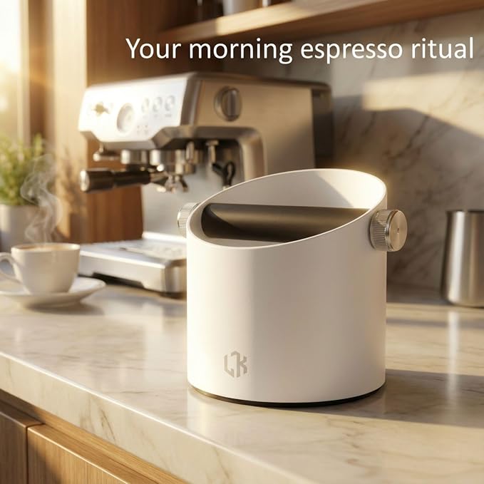Espresso Knock Box White – Coffee Knock Box Stainless Steel, 23-Puck Large Capacity Coffee Puck Knock Box with Non-Slip Base & Quiet Bar for Espresso Machine