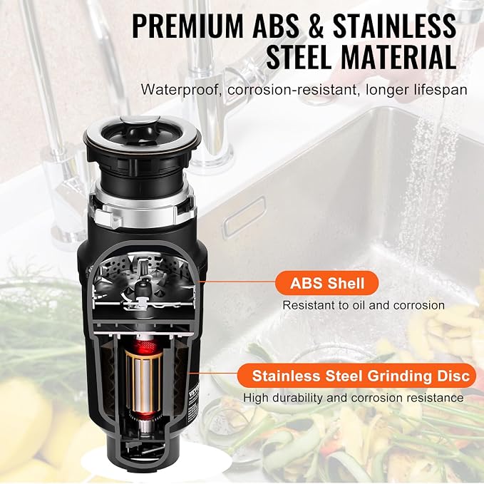 VEVOR JW-301 Garbage 1/2HP 3450RPM DC Motor, Continuous Feed Sink Disposer, EZ Connect Food Waste Grinding System with Power Cord and Splash Guard, for Kitchen, Black