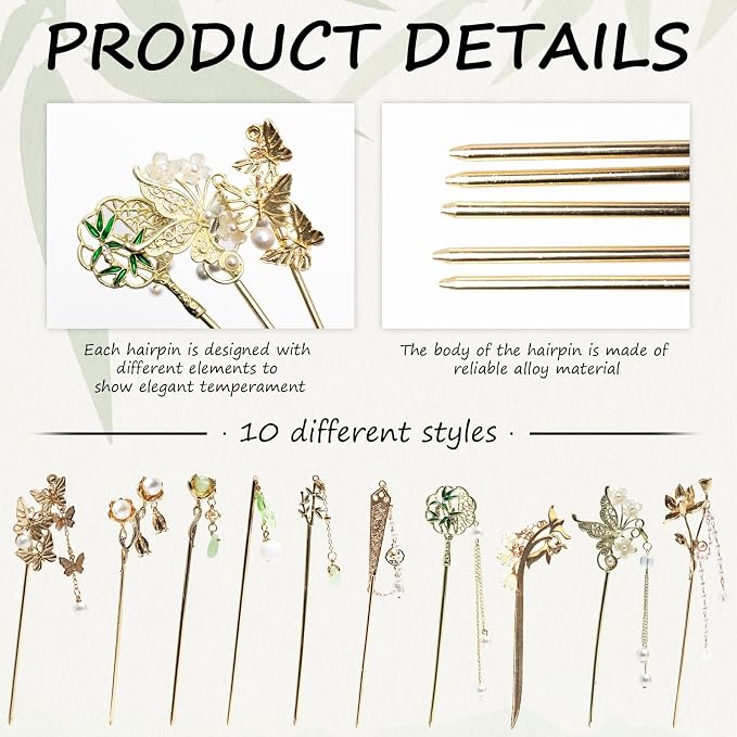 10Pcs Gold Vintage Hair Sticks Pins Metal Long Hairpins with Butterfly Flower Pearls Beads Jade Tassel Pendant Asian Chinese Hanfu Hair Chopsticks Hair Bun Updo Holders Hair Accessories for Women
