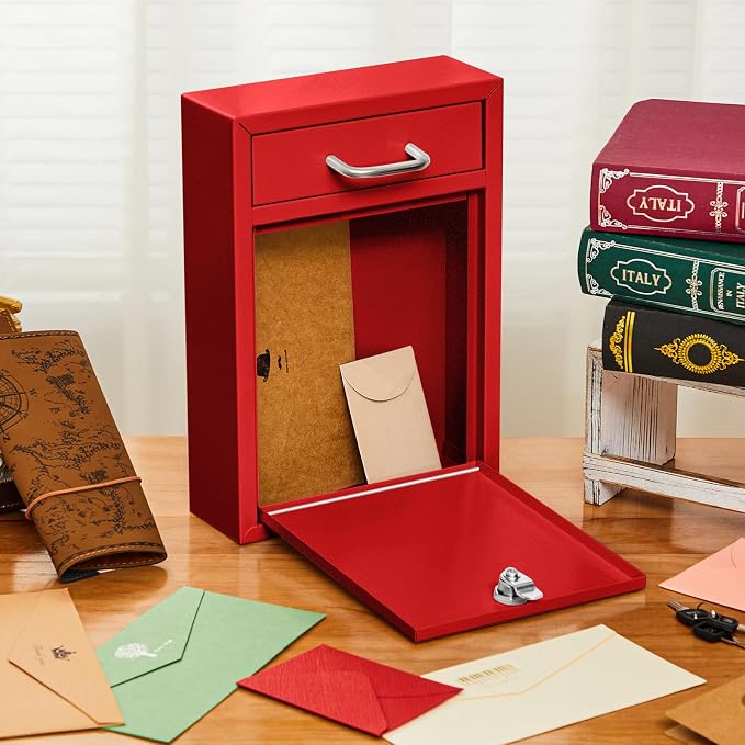 Yaocom Locking Mailbox with Key for Outdoor 12.2 x 8.5 x 3 Inches Large Wall Mount Mail Box with Lock Security Mail Drop Metal Collection Boxes Hanging Secure Postbox(Red)