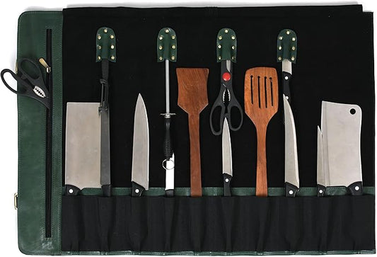 Leather Knife Roll Storage Bag, Elastic and Expandable 10 Pockets, Adjustable/Detachable Shoulder Strap, Travel-Friendly Chef Knife Case (Copper, Leather)