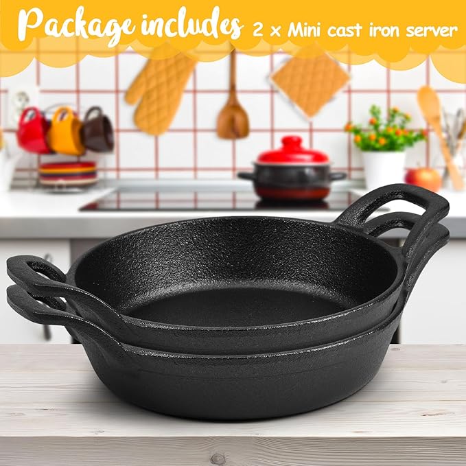 Mini Cast Iron Skillets 6.3 x 6.3 x 1.5 Inch Cast Iron Pan Small Ramekin Set Black Casserole Dish Cookware Oven Safe Mini Skillets for Kitchen Indoor Outdoor Picnic (2 Pack)