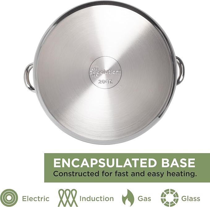 Ecolution Stainless Steel Stock Pot, Encapsulated Induction Ready Cooking Pot with Glass Lid, Oven Safe, Dishwasher Safe Soup Pot, 20-Quart