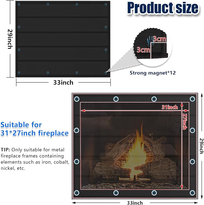 Magnetic Fireplace Blanket for Heat Loss Indoor Fireplace Covers Keep Drafts Out Stops Heat Loss Fireplace Draft Stopper with Built-in 12 Strong Magnet for Iron Fireplace Frame Fireplace Screen 33x29