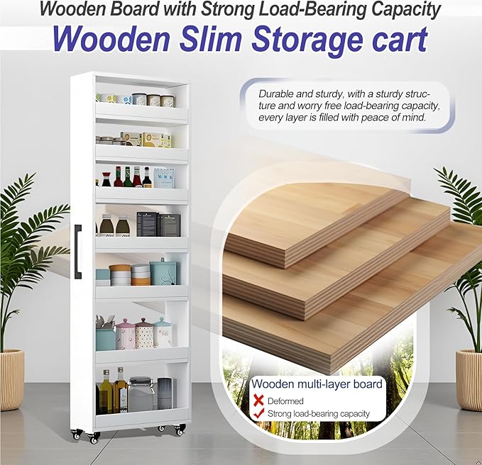 7-Tier Slim Storage Cart, Wooden Rolling Pantry Cabinet with Wheels, Narrow Shelf Organizer for Kitchen, Bakers Rack, Dining Room, Closet, Small Spaces Warm White 47.2" H*7.8" W*16.9" D