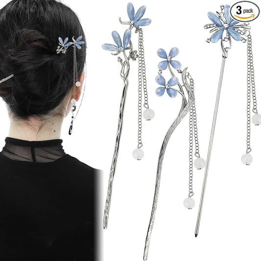 3PCS Hair Sticks for Buns Long Hair Chinese Hanfu Asian Vintage Hair Chopsticks Metal Silver