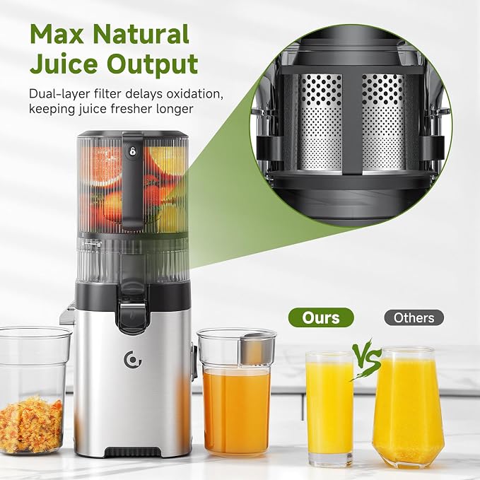 AMZCHEF Cold Press Juicer, 6.5" Whole Fruit Self-Feeding Slow Juicer | 3-in-1 Juicer Machine for Juice, Nut Milk & Sorbet, 90oz Large Capacity, Easy to Clean Design, Triple Strainers, Large Auger