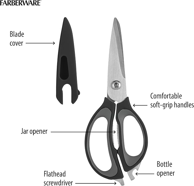 Farberware 4-in-1 Kitchen Shears with Sheath, High-Carbon Stainless Steel Scissors with Bottle Opener, Jar Opener and Screwdriver, Grey and Black Ergonomic Handle