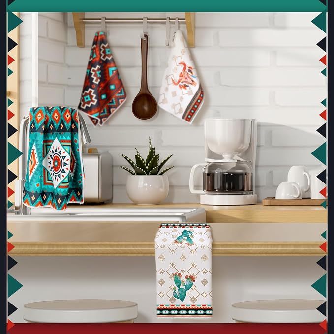 Boyiee Set of 6 Southwestern Kitchen Towels Boho Aztec Theme Dishcloth | Native American Hand Tea Towels 24 x 16 Inches for Absorbent Kitchen Decor with Hanging Loop for Room Home Housewarming Gift