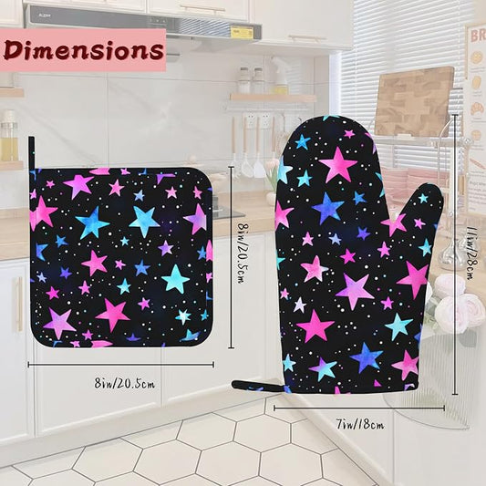 Blue Pink Stars Heat-Resistant Silicone Oven Mitts and Pot Holder 4 Piece Set,Non-Slip Kitchen Oven Gloves for Baking, BBQ, Cooking,Grilling