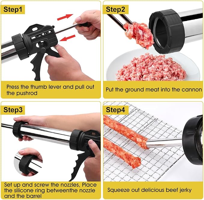 lyrlody Jerky Gun Kits, Sausage Stuffer, Beef Jerky Gun, Sausage Maker Machine, 1LB Stainless Steel Jerky Gun for Ground Meat with 5 Nozzles