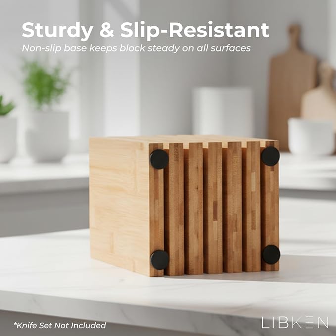 Bamboo Knife Block – Minimal Scandinavian Design, Universal Knife Holder with 6 Slots for Up to 18 Knives – Fits Paring, Chef, Steak, Butcher Knives & Scissors, Countertop Knife Block