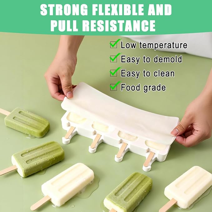 2 Pack Silicone Popsicle Molds, Largre Oval 4 Cavities Homemade Ice Pop Molds with 100 Wooden Sticks for Ice Cream, Cakesicles, Cake Pop