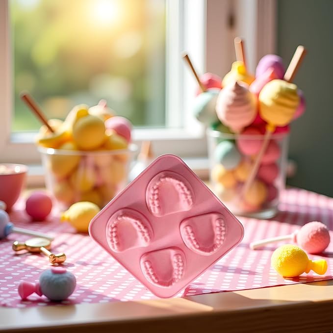 Pink 4 Hole Denture Teeth Shaped Ice Cube Mold Silicone Ice Tray DIY Ice Cream Funny Gag Gift For Dentist Seniors Ice Tray Molds, Ice Cube Molds and Trays