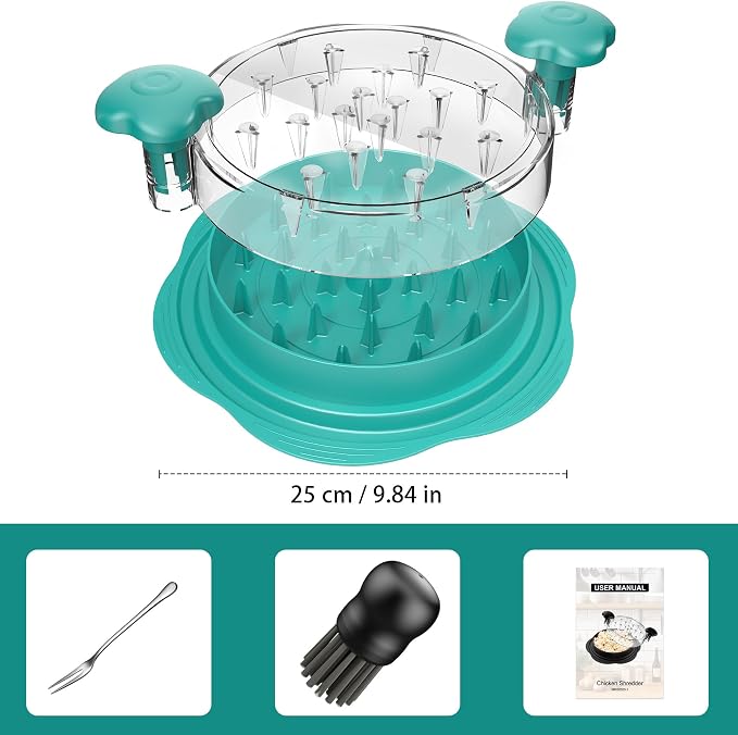 Chicken Shredder Tool Twist Large Meat Shredder with Brush&Fork, Teal | Visible Chicken Breast Shredder, Strong Anti-Slip Strip, Ergonomic Handle, BPA Free, Kitchen Gadgets for Pork Beef Chicken