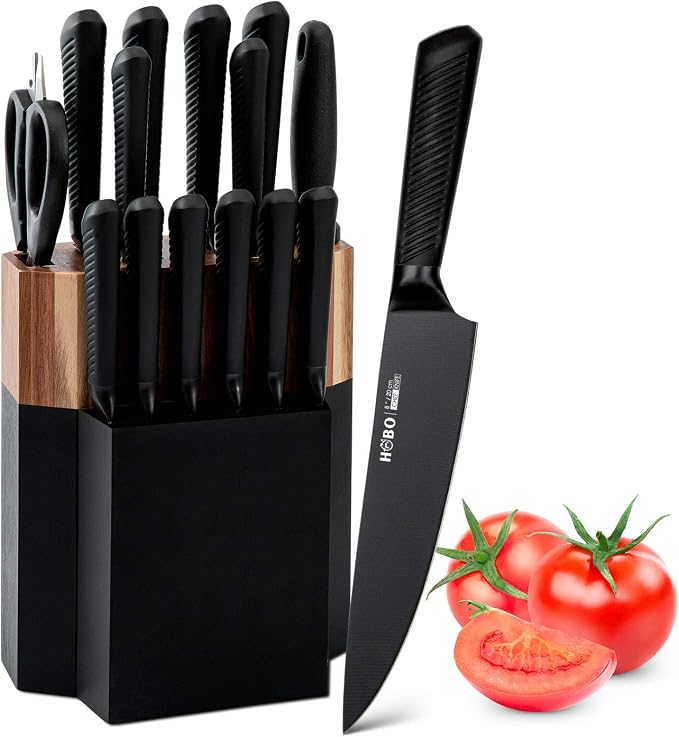 Knife Block Set, 15 Piece Kitchen Knife Set with 6 Steak Knife Set with Sharpener Chef Knife High German Carbon Stainless Steel Knife with Wooden Block Bread Knife Boxed | 6 Pieces Steak Knives, with Sharpener and Wood Block, German Steel