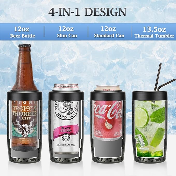 MAXSO Slim Can Cooler, 4-in-1 Double Walled Stainless Steel Insulated Beer Can Holder, Works With All 12 Oz Cans,Bottles & As A Pint Cups - Black Leopard
