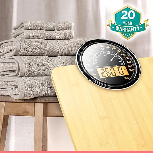 Hybrid Bathroom Scale - Analog & Digital Display, Accurate to 400 lbs | See weight on both an analog dial and digital LCD at once. Wide glass platform, accurate to 0.2 lbs, batteries included.
