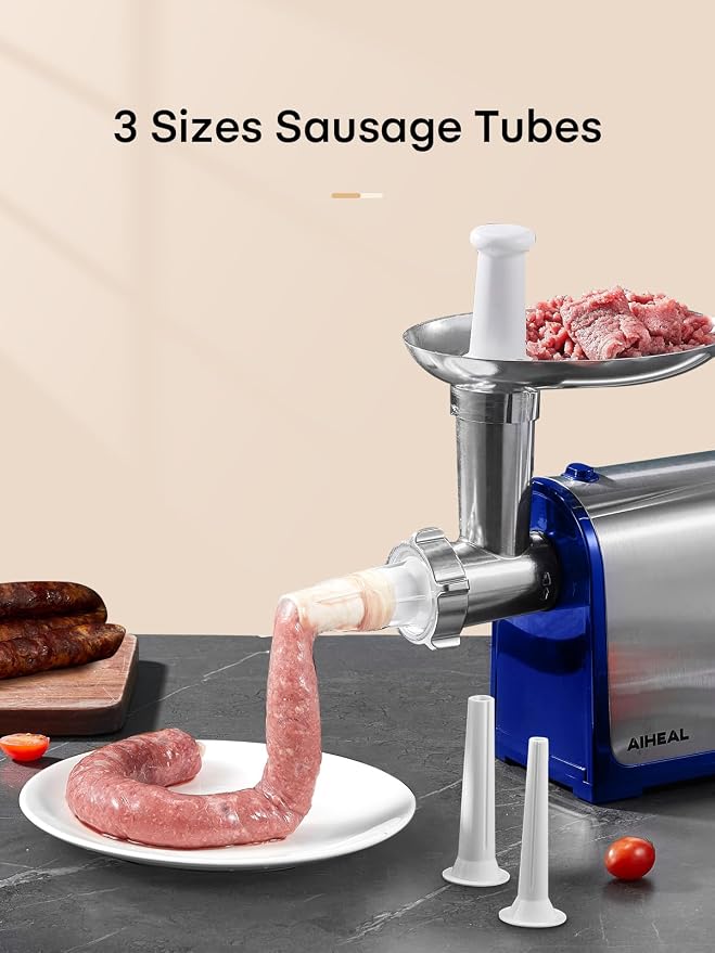 Electric Meat Grinder, Sausage Stuffer with 3 Sausage Tubes, 2 Blades, 3 Plates, 3200W Max, Meat Grinder Heavy Duty for Home Kitchen Use, Stainless Steel (Blue)