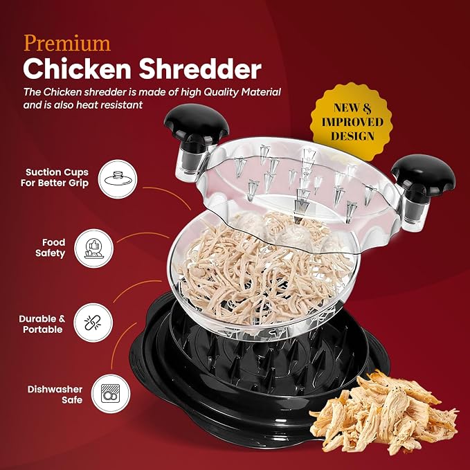 Large Chicken Shredder Tool Twist 10" Pro Visible Meat Shredders Twist for Chicken Breast Ergonomic Handle with Removable Tray, Anti-Slip Base Meat Grinder for Chicken, Pork, Beef & Fish – Black