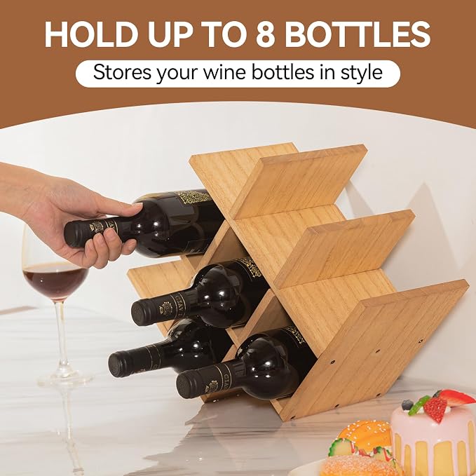 KIRIGEN Wooden Wine Rack, 8-Bottle 3-Tier Countertop Wine Holder, Natural | 16.73 x 5.91 x 11.14 In, Holds 8 Standard Wine Bottles for Cabinets, Pantry Shelves, and Kitchen Counter, Assembly Required