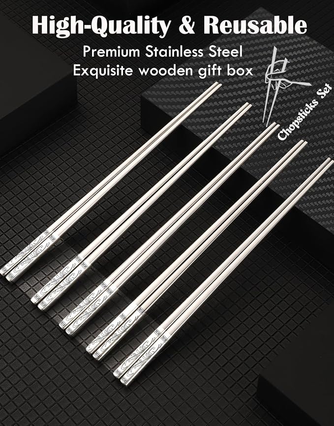 Metal Chopsticks,SUS304 Stainless Steel,5 Pairs Gift set,Reed | Dishwasher Safe,Non-Slip Grip,Good for Beginners,Come in a Gift Box,SUS304 Resistant to Rust,Square,Chop Sticks Silver,9.25''