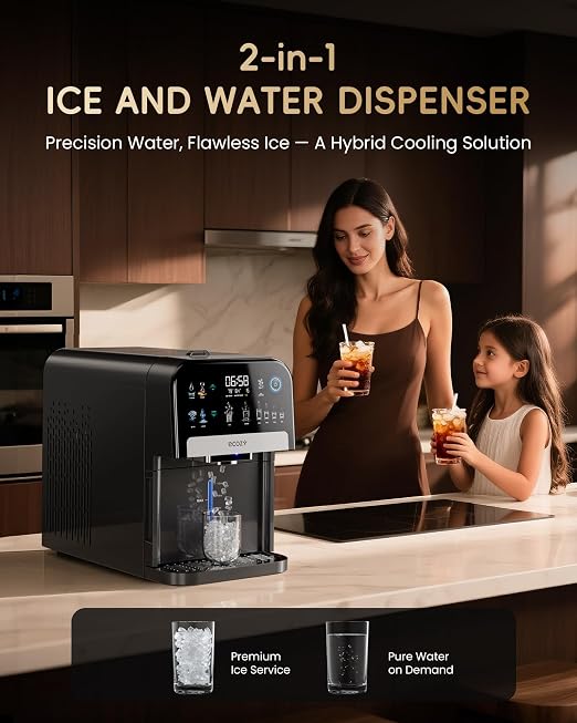 ecozy Smart Nugget Ice Maker Dispenser Countertop with App & Voice Control | 2-in-1 Pebble Ice Maker & Water Dispenser, Sonic Crushed Ice Machine, Self-Clean, TDS Monitor, Measured Dispensing, 33Lbs/Day