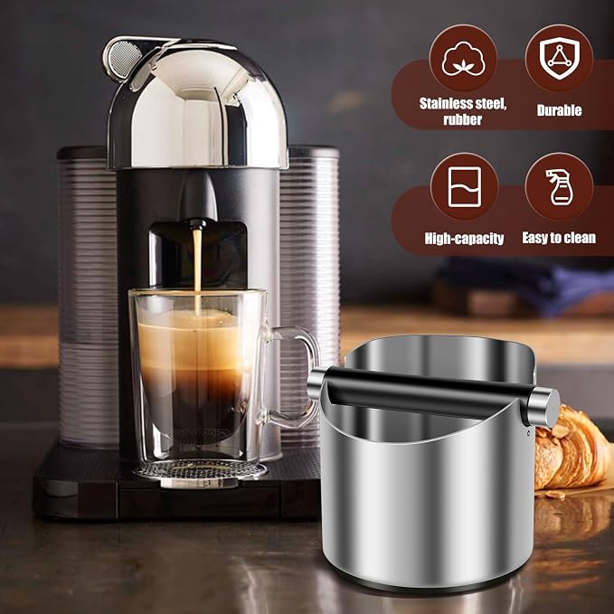 4.3Inch Coffee Knock Box, Stainless Steel Espresso Knock Box,Non Slip Beveled Coffee Ground Bin Large Espresso Dump Bin with Removable Knock Bar