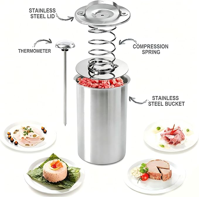Stainless Steel Ham Maker with Thermometer, 304 Food-Grade Deli Meat Press Mold, 2-2.5 Lbs Capacity, Easy to Use & Dishwasher Safe for Homemade Ham, Luncheon Meat, Bacon - Home & Commercial Use
