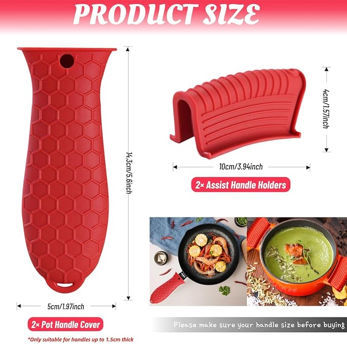 4 Pack Silicone Hot Handle Holder Cover Cast Iron Handle Cover Silicone Pot Holders Heat Resistant Assist Pan Handle Sleeve Non-Slip Pot Handle Covers for Cast Iron Skillet Metal Pan(Red)