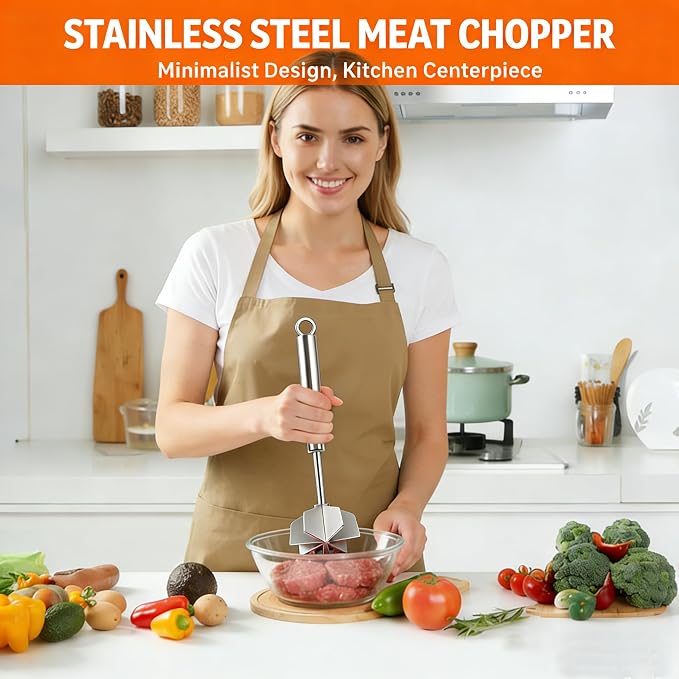 Meat Chopper - 304 Stainless Steel Meat Masher, 10 Inch Ground Beef Masher with 6 Blades, Premium Heat Resistant Smasher for Ground Beef, Hamburger Grinder, Non Stick Mix Ground Chopper, Potato Masher
