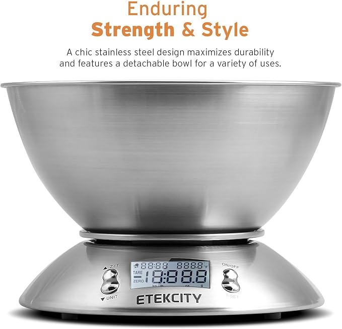 Etekcity Food Scale with Bowl, Timer and Temperature, Grams and Ounces | Stainless steel bowl with tare, temperature sensor, ideal for baking, coffee and meal prep