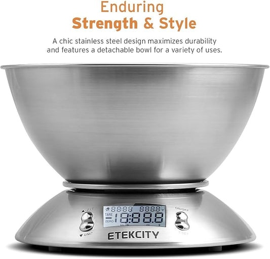 Etekcity Food Scale with Bowl, Timer and Temperature, Grams and Ounces | Stainless steel bowl with tare, temperature sensor, ideal for baking, coffee and meal prep