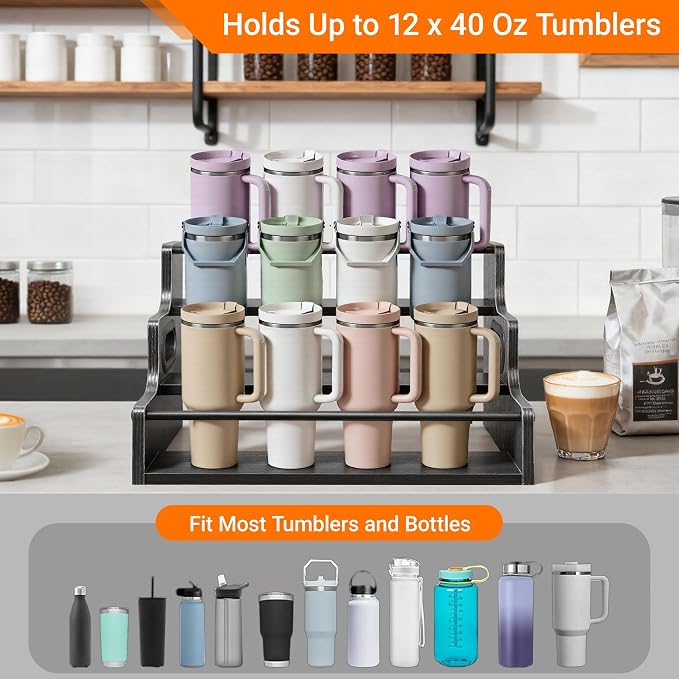 YQBRAO 3-Tier Liquor Bottle Display Shelf,Coffee Syrup Rack Organizer,Water Bottle Organizer, Mini Bar Cabinet, Rustic Bar Shelves for for Liquor Whiskey, Spirits（Black）
