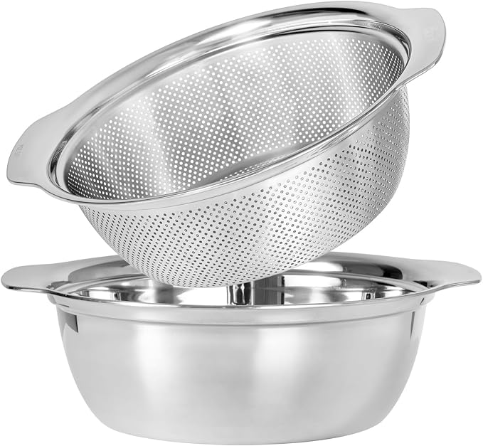 Paoli 304 Stainless Steel Fine Mesh Colander Set, 5QT Large Capacity Strainer with Mixing Bowl — Rinse Fruits, Veggies, Rice & Drain Pasta, Dishwasher Safe (2-Piece)
